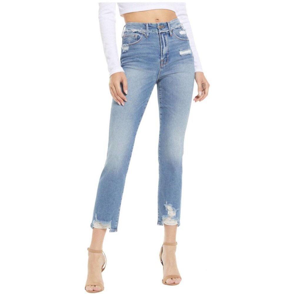 Good American Women’s Straight Leg High Rise Distressed Cropped Jeans Size 26